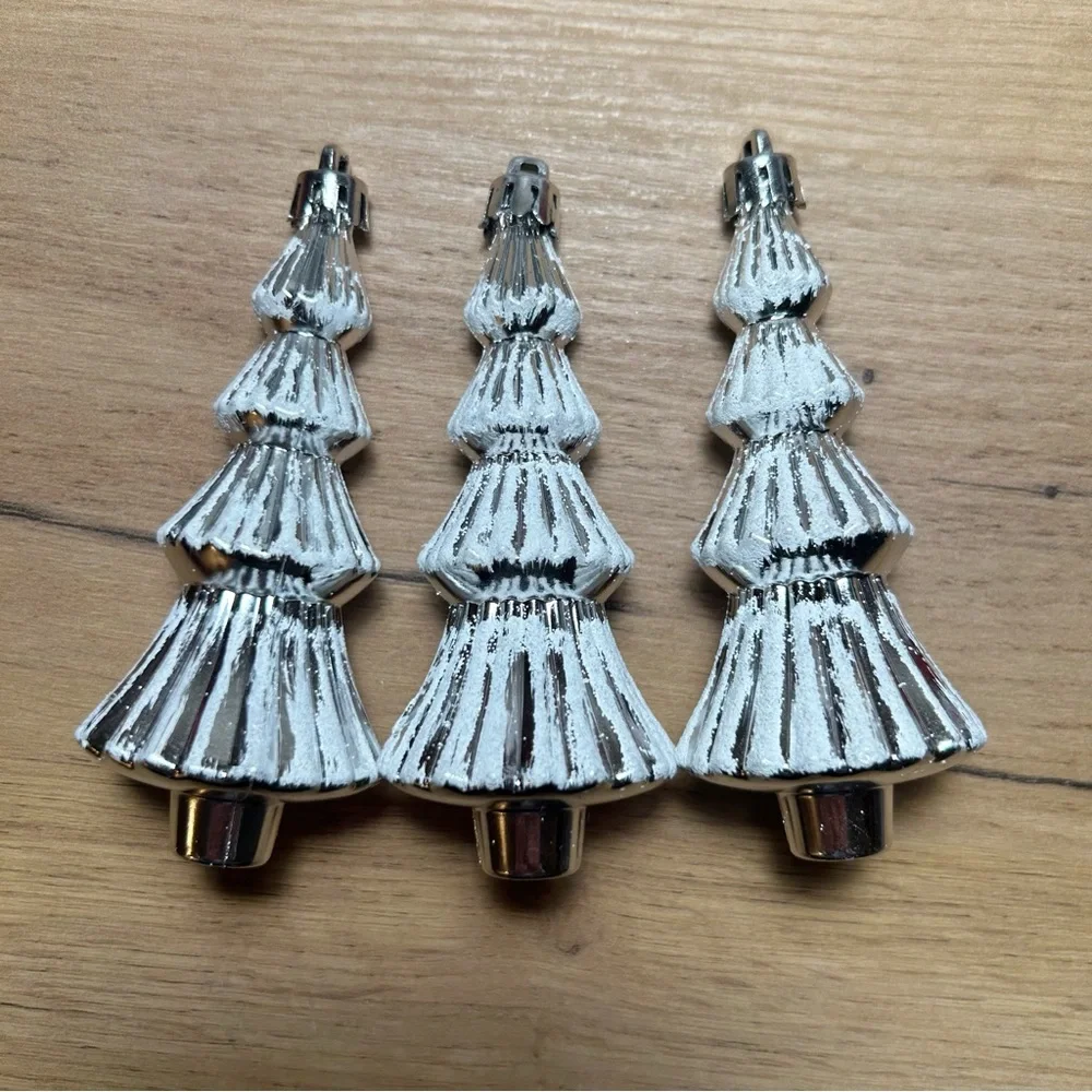 VTG Silver Christmas Tree Ornaments with White Accents Set of Three Decorations